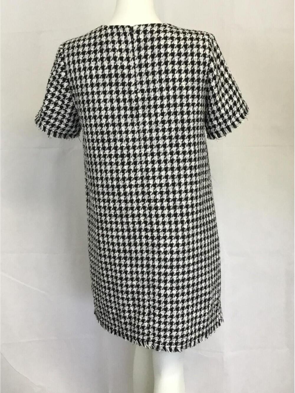 [356] H&M Dress Womens M Black White Houndstooth Tweed Short Shift Pockets - Picture 3 of 4